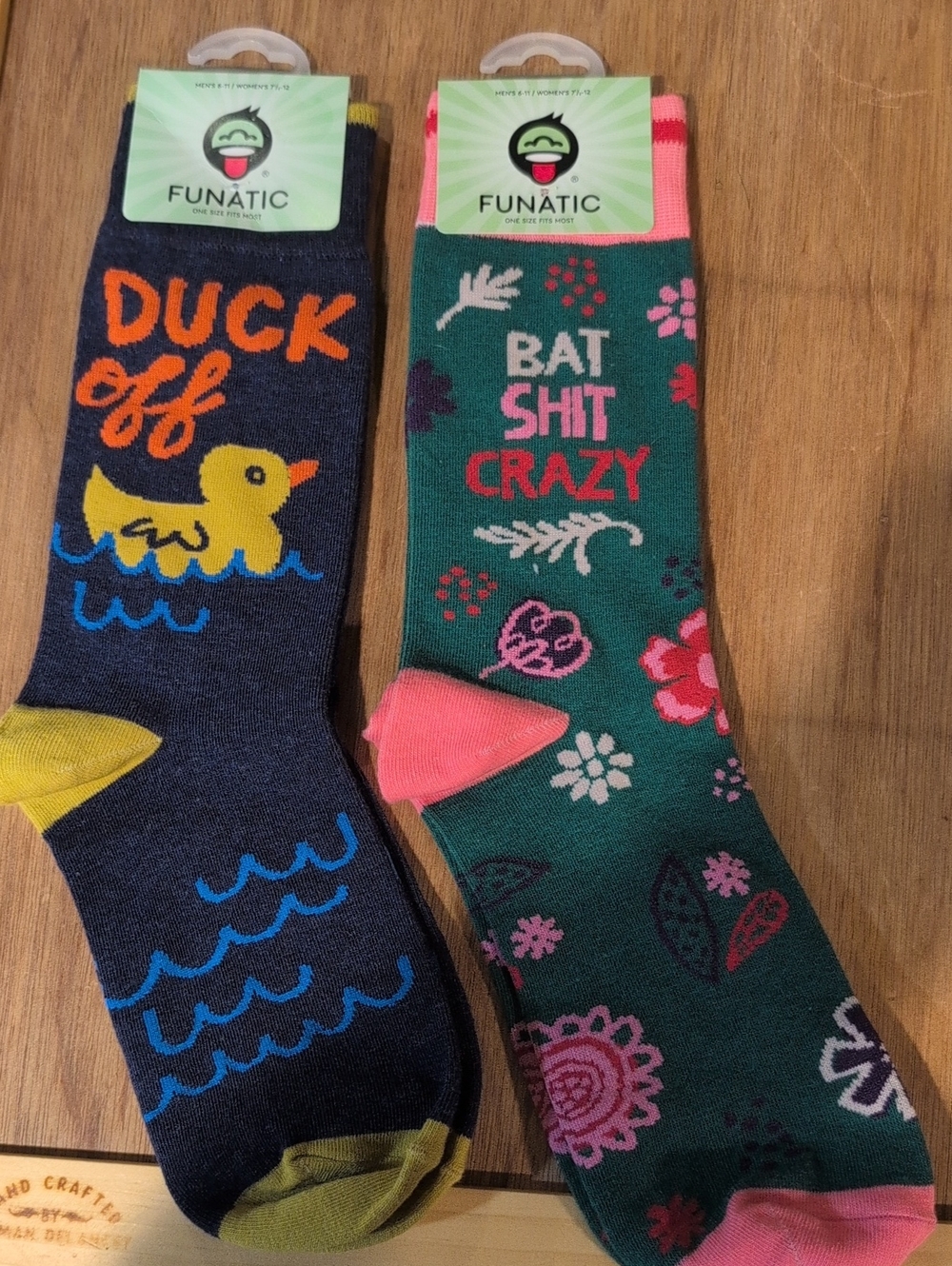 Funatic Novelty Crew Socks - Duck Off (Navy) & Bat Shit Crazy (Green) NWT
